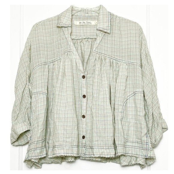NWT FREE PEOPLE Rainbow Plaid Oversized Button Up Pleated Cropped Prairie Top S - Picture 5 of 13